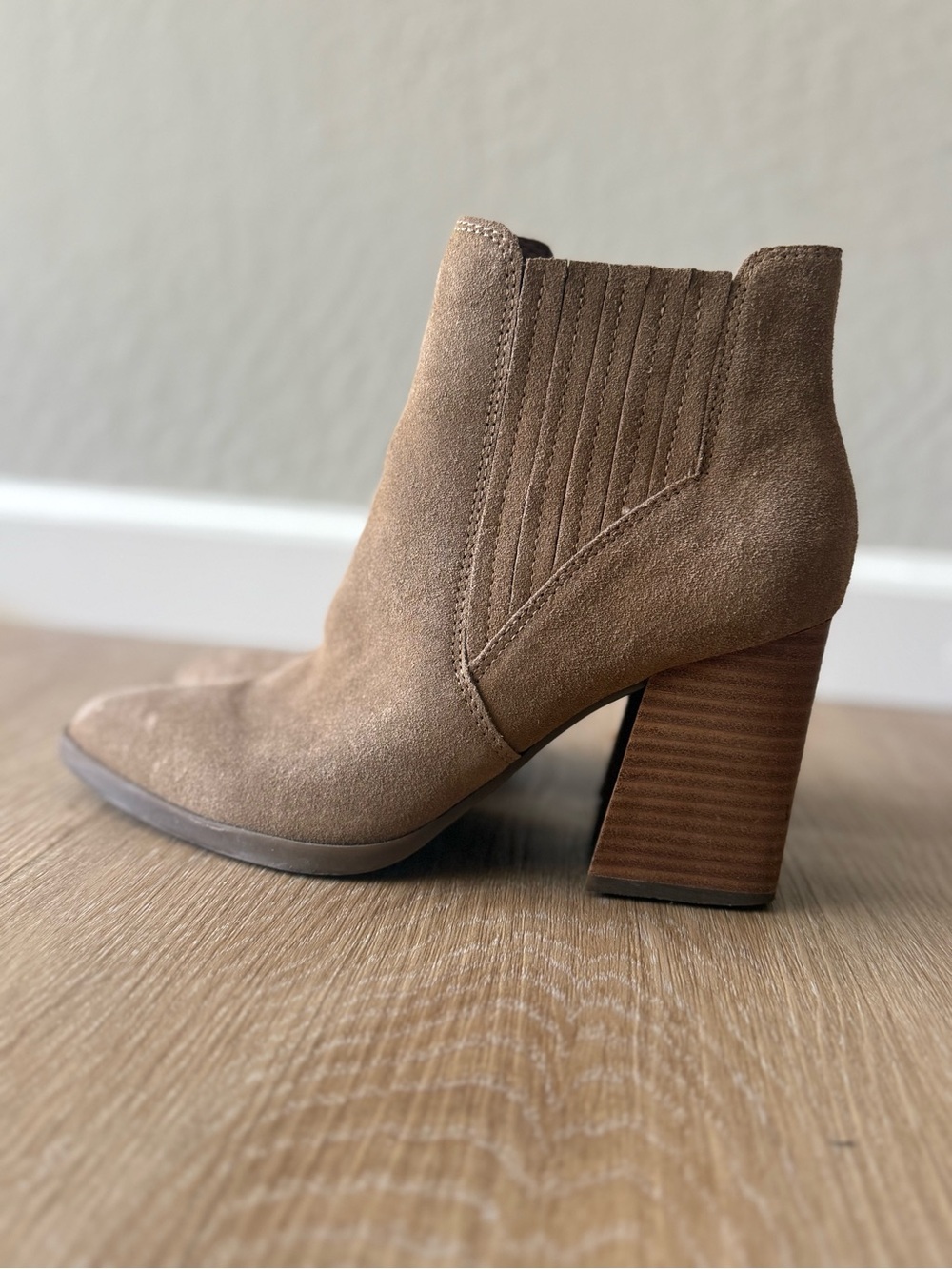 Marc Fisher Taupe Suede Stacked Heel Ankle Boot